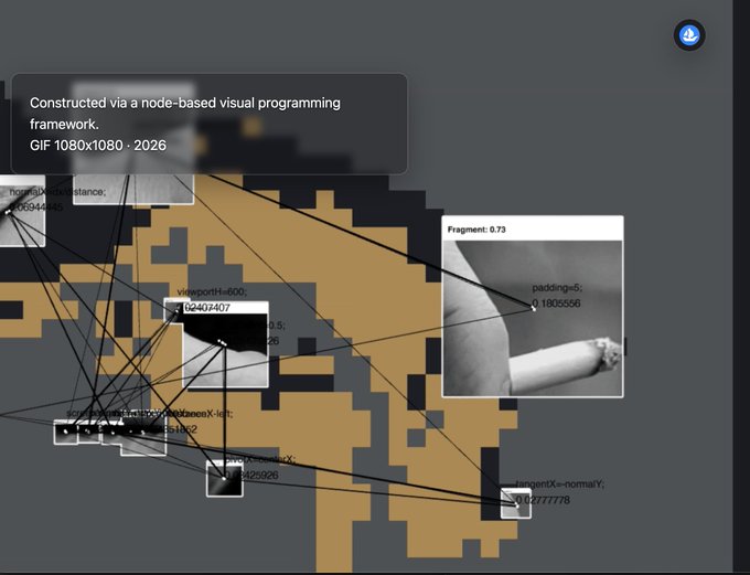 A node-based visual programming framework displays interconnected nodes with parameters like "Fragment: 0.73," "keyportH=600; 02404407," and "padding=5; 1805556," connected by lines to grayscale image fragments showing parts of an arm and other body elements, representing the generative art piece "The Longe" by @__causasui on 1xStudio. The overlay text reads "Constructed via a node-based visual programming framework. GIF 1080×1080 · 2026," illustrating the technical construction of the 1/1 NFT drop.
