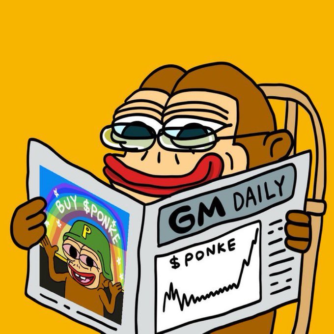 A cartoon monkey character wearing glasses holds a newspaper titled "GM DAILY" featuring the headline "$PONKE" and a chart with an upward trend, alongside an ad reading "BUY $PONKE".