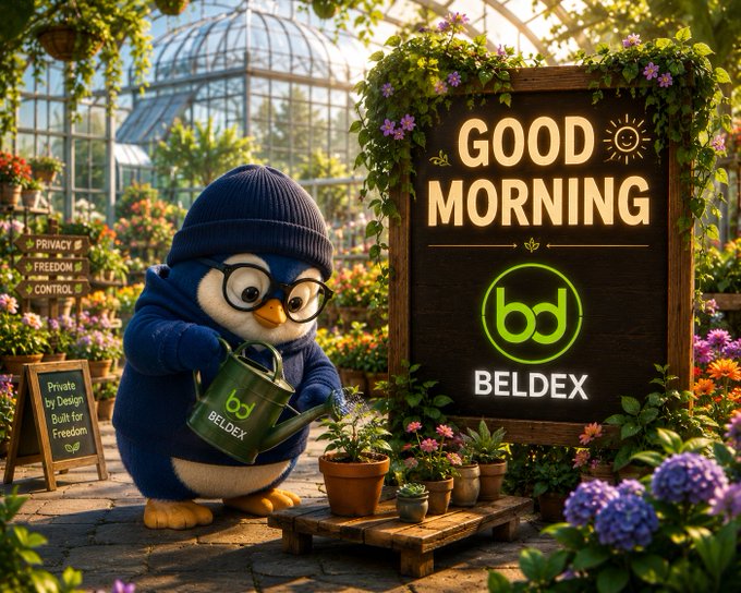A friendly penguin mascot in a cozy beanie and glasses tends to potted flowers in a lush greenhouse, holding a watering can branded "BELDEX" next to a sign reading "GOOD MORNING" with the Beldex logo, visually echoing the post's theme of nurturing privacy as a daily, natural practice.