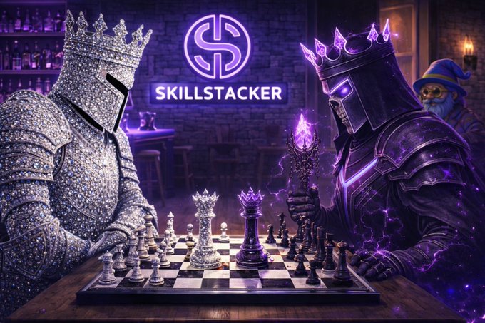 A digital artwork showing two armored knights—one in crystal and one in dark armor with purple energy—playing chess in a bar setting, with a neon 'SKILLSTACKER' logo on the wall behind them.