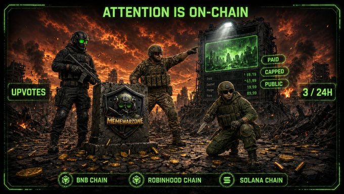 Promotional graphic titled 'ATTENTION IS ON-CHAIN' featuring a militaristic meme theme with a 'MEMEWARZONE' logo, displaying categories like 'UPVOTES', 'PAID', 'CAPPED', 'PUBLIC', and supported on 'BNB CHAIN', 'ROBINHOOD CHAIN', and 'SOLANA CHAIN'.