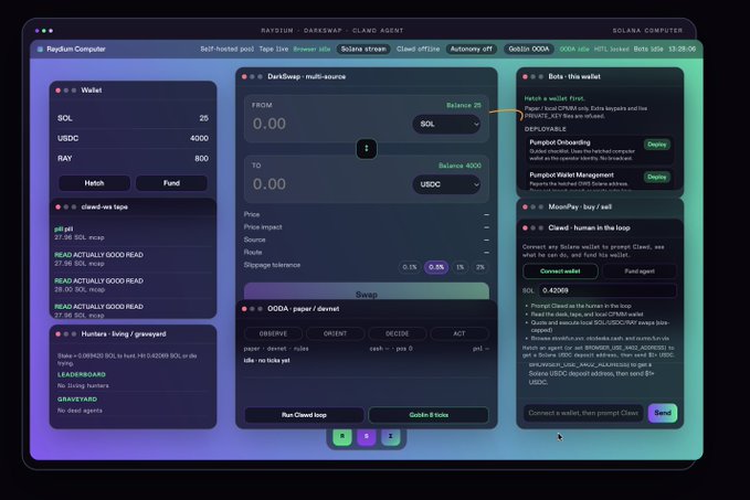 A screenshot of a cryptocurrency dashboard called 'Raydium' shows various wallet balances, swap interfaces, and trading options on the Solana network.