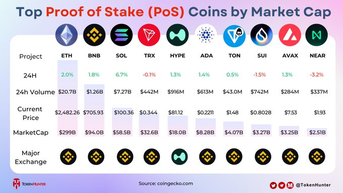 An infographic from TokenHunter titled 'Top Proof of Stake (PoS) Coins by Market Cap,' comparing metrics like price, volume, and market cap for major projects including ETH, BNB, SOL, and HYPE.