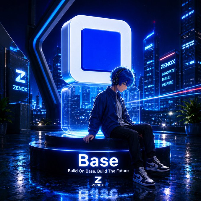A cyberpunk-style promotional image for Zenox featuring an anime character with blue hair and headphones, with the text 'Base - Build On Base, Build The Future' and 'ZENOX INNOVATE BUILD INSPIRE'.