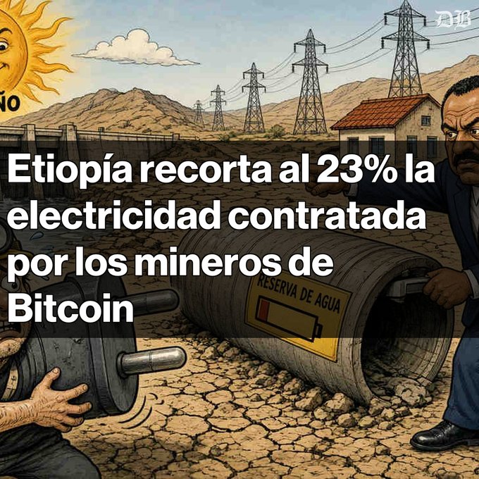 Cartoon image showing power lines and cracked earth with Spanish text about Ethiopia cutting contracted electricity for Bitcoin miners by 23%.