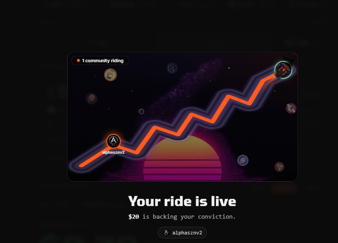 A digital interface showing 'Your ride is live' with $20 backing the conviction from user 'alphasznv2', featuring a colorful zigzag path graphic with a '1 community riding' indicator.