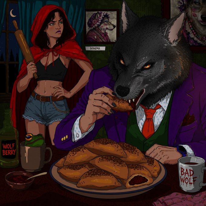 An illustrated scene of a woman in a red hooded cape holding a rolling pin next to a wolf in a purple suit eating empanadas; visible text includes 'WOLF BERRY' on a bottle, 'BAD WOLF' on a mug, and 'GRANDMA' below a framed portrait.
