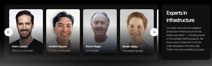 A Canopy team page introducing 'Experts in infrastructure' including Adam Lipsky (CEO & Co-Founder), Andrew Nguyen (CTO & Co-Founder), Shawn Regan (Co-Founder), and Roniel Valdez (Founding Engineer).