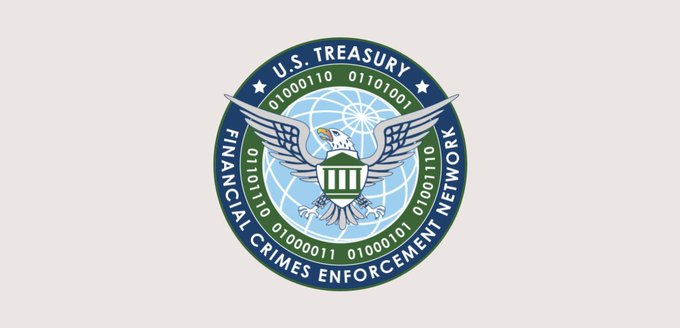 The official seal of the U.S. Treasury Financial Crimes Enforcement Network, featuring an eagle and binary code, is displayed on a white background.