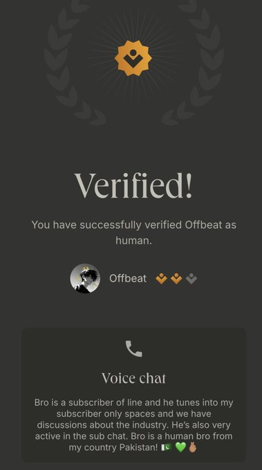 A verification screen confirming 'Offbeat' as human with a voice chat message from a Pakistani subscriber named Bro.