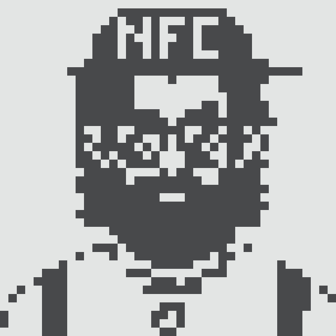 A pixel art illustration in black and white of a figure wearing a baseball cap with the letters 'HFC' on the front, with pixelated eyes and shoulders.