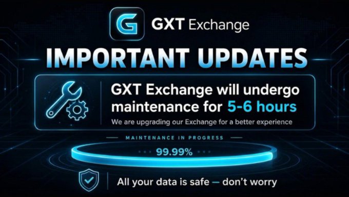 A digital notification graphic from GXT Exchange announcing 'IMPORTANT UPDATES' that the platform will undergo '5-6 hours' of maintenance, assuring users that 'All your data is safe'.