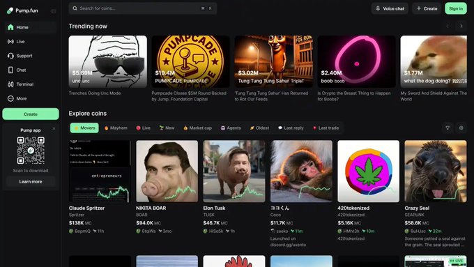 The image shows the Pump.fun homepage featuring trending memecoins like Tranches Going Unc Mode ($96.03M), PUMPCADE ($10.4M), and Tung Tung Tung Sahur Triple ($3.02M), along with an "Explore coins" section displaying tokens such as Nikita Boar ($94.0K), Elon Tusk ($46.7K), and Claude Spritzer ($138K).

The accompanying post's discussion of Pump.fun trader FOMO terms ($20k signing bonus, $30k/month, exclusive wallets, and account restrictions) is unrelated to the actual image content, which simply displays Pump.fun's memecoin trading platform with its coin listings and market caps.