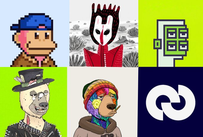A collage of six distinct NFT-style digital artworks featuring pixelated and illustrated characters like a monkey, a white-masked figure, and bears in colorful attire, alongside two logos.