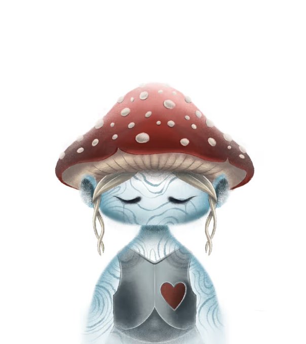 An illustration of a blue-skinned meditative figure with closed eyes wearing a gray vest with a red heart, topped with a red and white spotted mushroom cap.