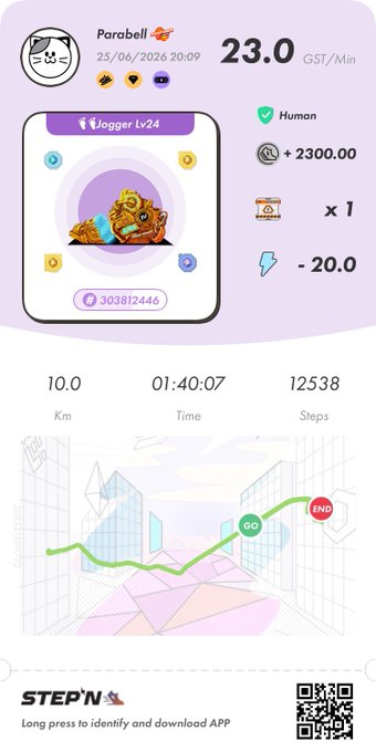 The image shows a purple background with white text, which appears to be a summary or description of an app called "StepN". The app's name is displayed at the top left corner, while its features are listed below. The app has been downloaded by 100 users and has a rating of 4.5 stars out of 5.