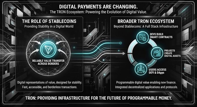 An infographic titled 'DIGITAL PAYMENTS ARE CHANGING' highlights the 'TRON Ecosystem,' featuring sections on 'THE ROLE OF STABLECOINS' and 'BROADER TRON ECOSYSTEM' with icons for DeFi, smart contracts, and digital assets.