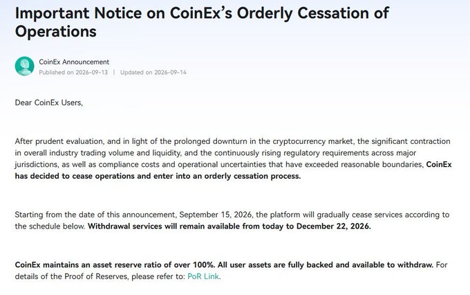 An announcement titled 'Important Notice on CoinEx's Orderly Cessation of Operations,' explaining that the platform will cease services starting September 15, 2026, while withdrawals remain available until December 22, 2026.