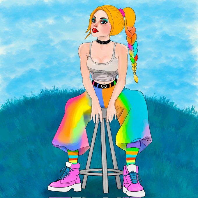 The image features a woman sitting on a stool, wearing colorful clothing with rainbow colors. She has blonde hair styled in pigtails and is wearing pink shoes. The background of the image shows a grassy field under a blue sky. There are also some words visible in the image that read "Happy Weekend Amazing fam Aether of Elysia The last Ed left (1/4) 12 $xtz".