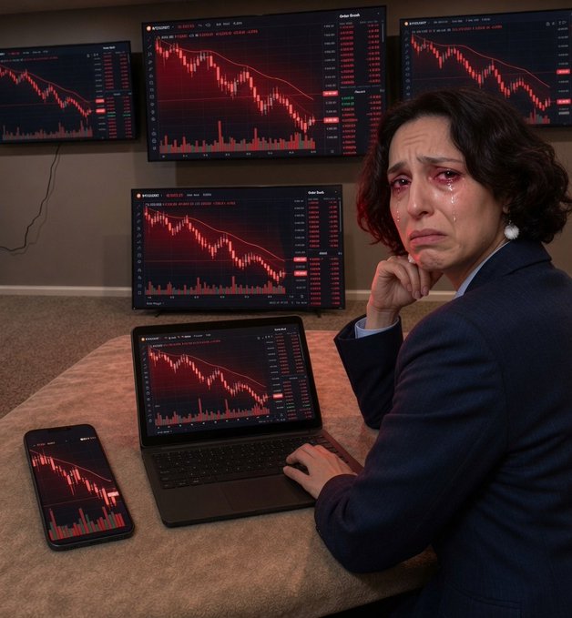 An AI-generated image depicting a distressed woman in a suit crying while looking at multiple screens and devices, all displaying red downward-trending financial charts and stock market graphs.