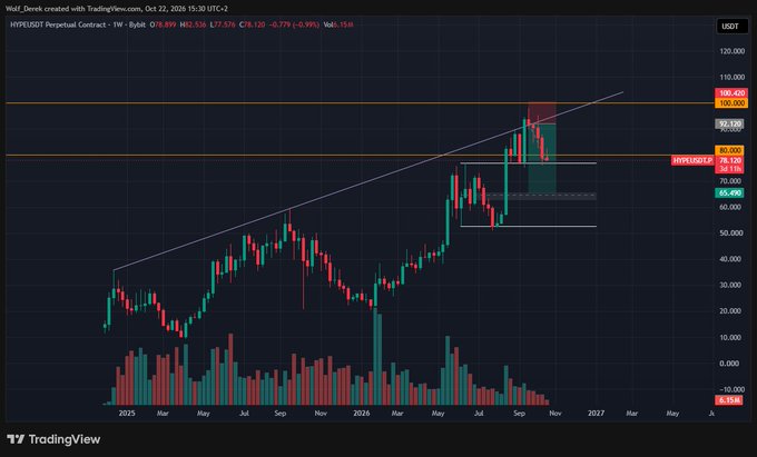 A TradingView candlestick chart titled “HYPE/USDT Perpetual Contract” shows crypto price action, volume bars, trendlines, and marked price levels including “100,500,” “90,000,” “80,000,” “75,000,” and “65,400.”