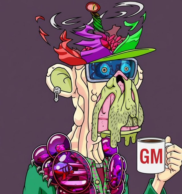 A colorful cartoon illustration of a stylized character with melting green skin, sunglasses reflecting eyes, a feathered hat, and purple grape-like ornaments holding a mug labeled "GM".