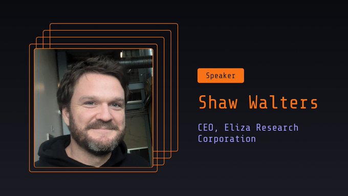 A speaker introduction slide for Shaw Walters, CEO of Eliza Research Corporation, featuring a portrait photo with an orange frame.