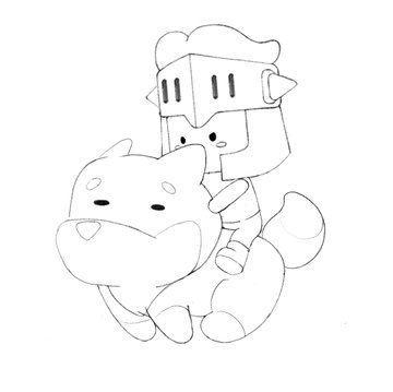 A black and white line drawing of a knight character with a horned helmet riding on the back of a bear or wolf-like creature.
