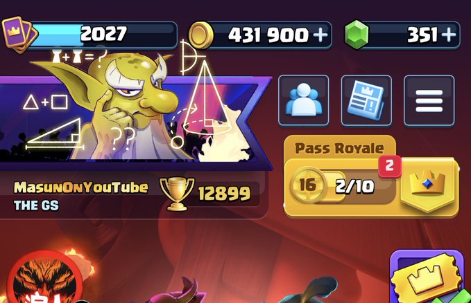 A Clash Royale player profile showing the username "MasunOnYouTube" with 2027 experience, 431,900+ coins, and a King Level 16 Pass Royale, supporting the post's challenge to anyone brave enough to battle this mega knight user for 1 SOL.