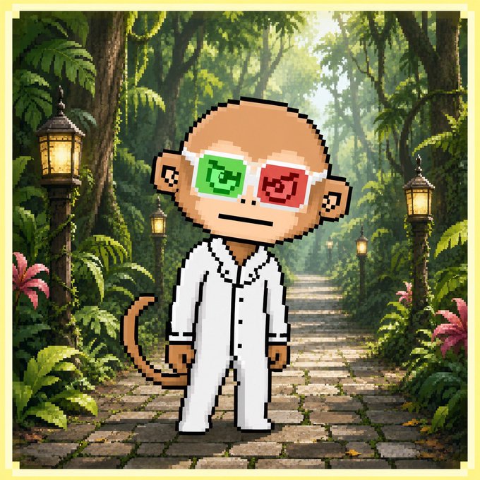 A pixel art illustration of a bald monkey character wearing a white outfit and red/green 3D glasses, standing on a stone path in a lush jungle setting with lanterns.