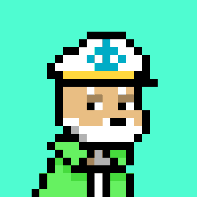 A pixel art character wearing a white and teal hat with a plus symbol, a yellow band, and a green outfit against a teal background.