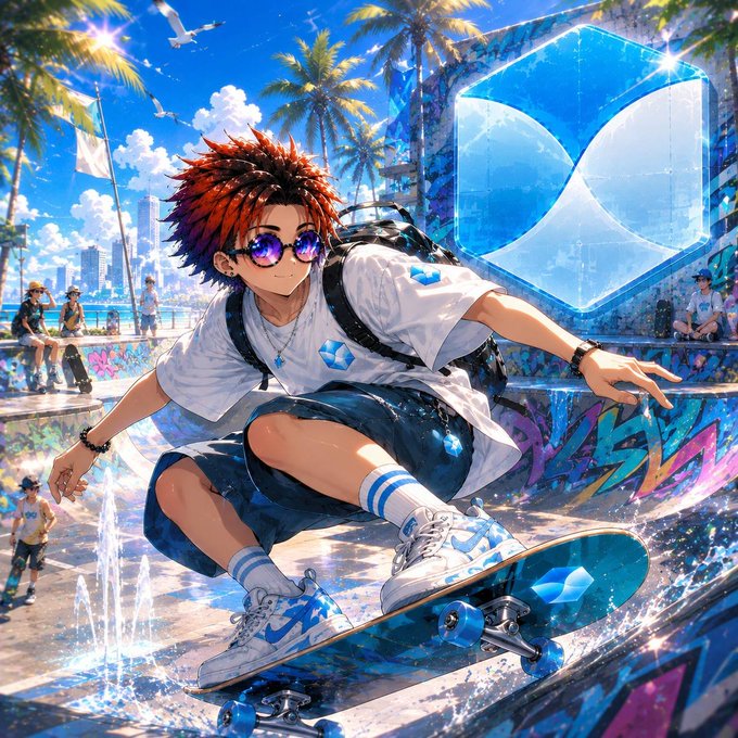Anime-style illustration of a red-haired boy with sunglasses performing a skateboarding trick at a sunny graffiti-covered skate park, with the XRP logo prominently displayed in the background.