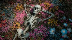 Two decorative skeletons are positioned closely together against a highly textured, colorful floral background featuring vibrant hues of pink, yellow, and green.