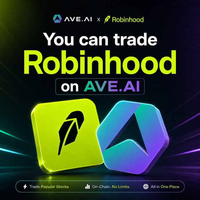 Promotional graphic for AVE.AI x Robinhood partnership with bold yellow text 'You can trade Robinhood on AVE.AI' and features at the bottom: 'Trade Popular Stocks', 'On-Chain. No Limits.', and 'All in One Place'.
