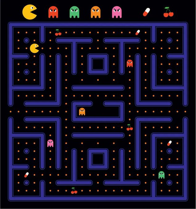 A screenshot of a Pac-Man-style maze game featuring a yellow Pac-Man character navigating through a blue maze filled with orange dots, with colorful ghosts (red, green, orange, pink) and bonus items (cherries and pills) scattered throughout. The imagery cleverly parallels the post's sentiment about chasing Bitcoin call options, evoking the nostalgic arcade game where players chase rewards while avoiding "ghosts" — symbolizing the risky, high-stakes pursuit of profiting from Bitcoin's price movements.