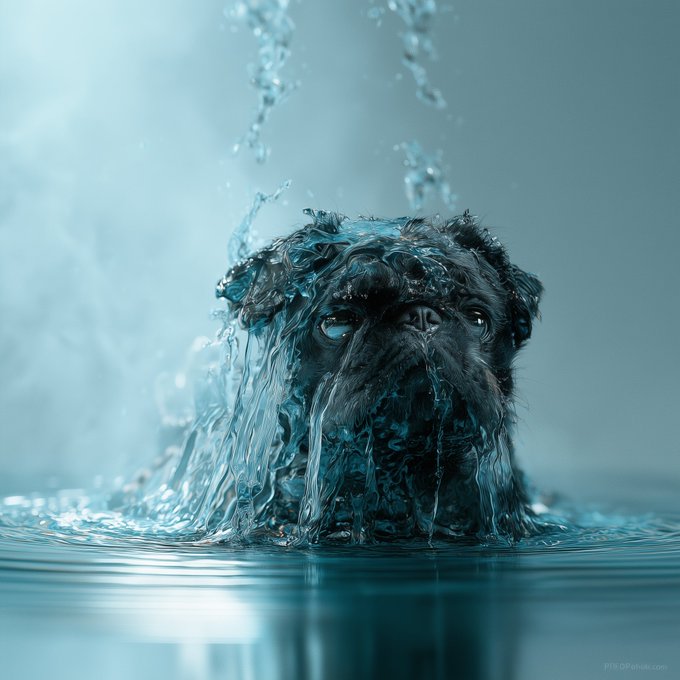 An artistic underwater photograph of a wet, dark-furred dog emerging from the water with water splashing around it.