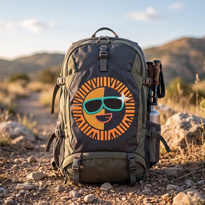 An olive green hiking backpack with a smiling sun wearing sunglasses patch, equipped with trekking poles and a water bottle, set in a rocky desert landscape.