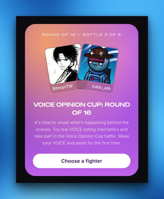 The image is a promotional graphic for the Voice Opinion Cup Round of 16, showing "Battle 3 of 8" between fighters "BitmanTW" and "zubic_eth," with a "Choose a fighter" button. It complements the post's instructions to participate in the voting battle, where the author argues about NFTs.