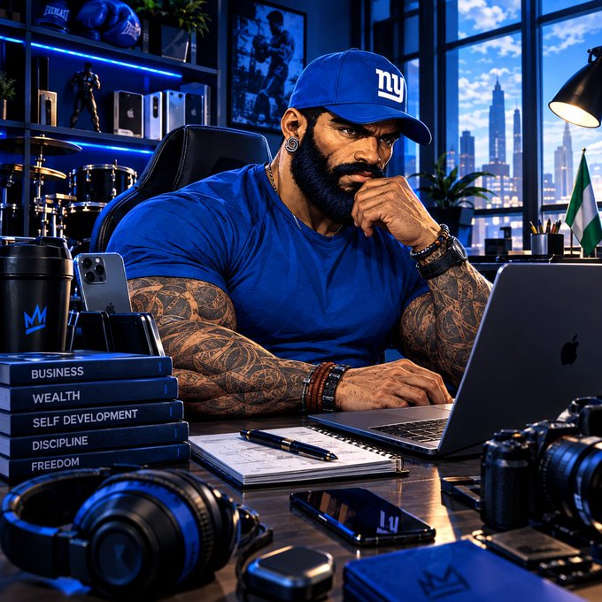 A muscular, bearded man in a blue NY Giants cap and shirt works on a laptop at a desk, with books labeled "BUSINESS," "WEALTH," "SELF DEVELOPMENT," "DISCIPLINE," and "FREEDOM."