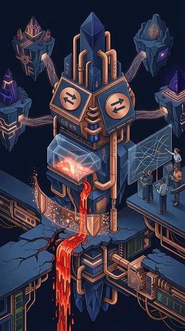 A detailed digital illustration of an industrial/cryptocurrency mining facility with cubes, pipes, flowing lava-like liquid, and engineers working on holographic interfaces.