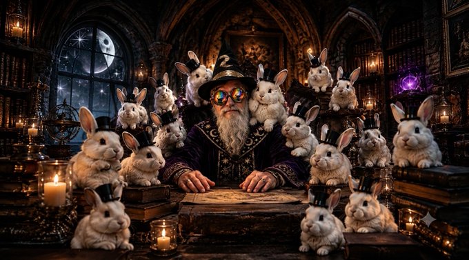 A fantasy AI-generated image depicts a wizard with a gray beard, wearing a wizard hat and rainbow-tinted glasses, seated at a table with a large book, surrounded by numerous white rabbits also wearing small wizard hats in a candle-lit gothic library.