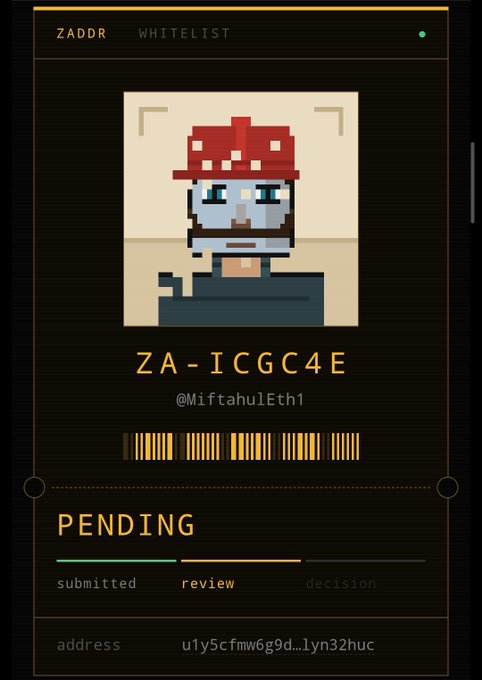 A ZADR Whitelist screen showing a pixel art character with the code 'ZA-ICGC4E', username '@MiftahulEth1', and a pending review status.