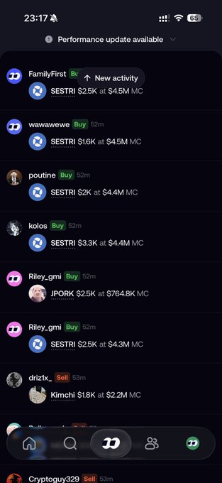 A screenshot of the Fomo app showing recent buy activity, including multiple purchases of $SESTRI by users like FamilyFirst, wawawewe, poutine, kolos, and Riley_gmi (who bought $2.5K worth), along with Riley_gmi also purchasing $2.5K of $JPORK at $764.8K MC and driztx_ selling $1.8K of $Kimchi. The image supports the post's claim that Varo founder @riley_gmi has been actively buying tokens like $SESTRI and $JPORK, demonstrating the kind of early activity detection Fomo provides that typical bots miss.
