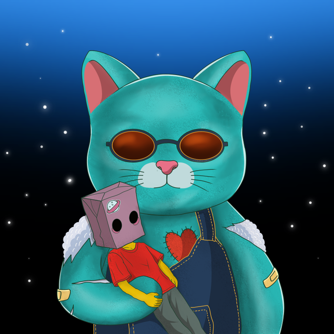 The image features a large blue cat wearing sunglasses and holding a small cardboard cutout of another person dressed in a red shirt, with a heart-shaped patch on their chest. The background shows stars against a dark sky, creating an otherworldly atmosphere. The caption below the image reads "Funkari x Yellowcatz We're excited for this collab, joining @Yellowcatz_ on their upcoming mint We are happy to support and looking forward to their successful launch!".