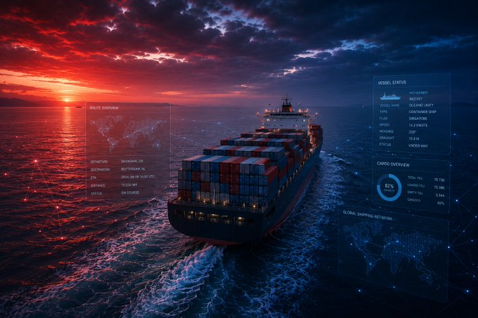 A container ship sails at sunset across ocean waters overlaid with digital dashboards showing "Vessel Status" and "Cargo Overview" metrics (92% capacity, 78,500 tons). The imagery visually reinforces the post's message about prioritizing tangible shipping activity and real business fundamentals over fleeting trends and surface-level activity spikes.