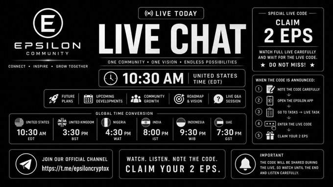 A promotional graphic for the Epsilon Community's Live Chat event today at 10:30 AM EDT, featuring a global time conversion chart (including 3:30 PM UK, 8:00 PM India, and 7:30 PM UAE) and instructions to claim 2 EPS tokens via a special live code shared at t.me/epsiloncryptox. The image visually reinforces the post's call-to-action, highlighting roadmap updates, future plans, and a live Q&A session where participants must watch carefully to catch the reward code.