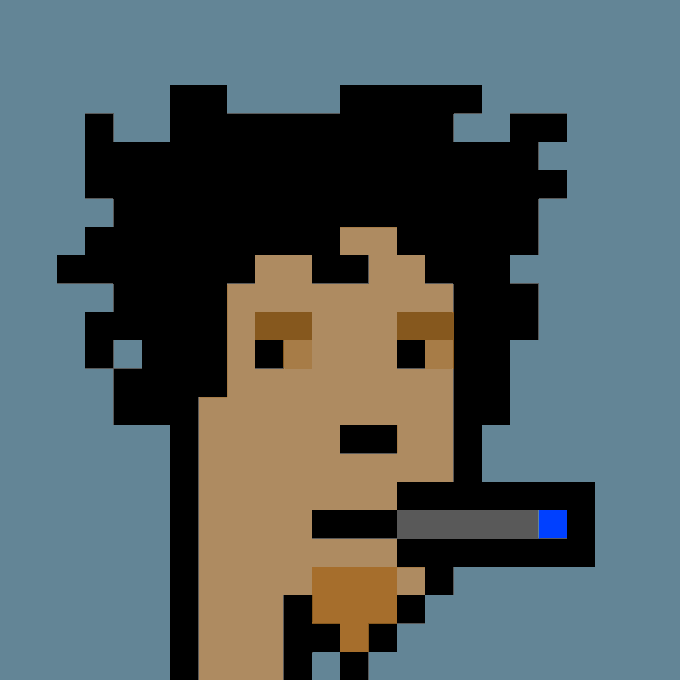 A pixel-art CryptoPunk portrait with messy black hair, tan skin, and a cigarette in its mouth, displayed against a blue background, representing Punk #1923 from the post.