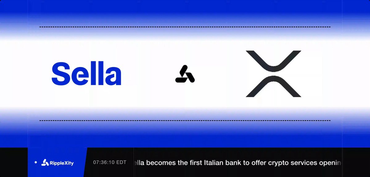 The image features a blue banner with white text that reads "Sella" at the top, followed by "Lima" below it, and then "XRP" at the bottom of the banner. The text also mentions that Banca Sella has become the first Italian bank to offer crypto services across Europe.