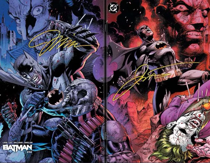 A Batman comic book cover spread (Issue #152) showing Batman alongside various villains including what appears to be the Joker, with yellow signatures across the artwork.