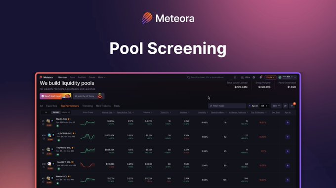 The image showcases a Meteora pool screener application, which is specifically designed for detecting DLMM (Dollars per Million) transactions. The text above the screen reads "Pool Screening" indicating that this feature is available within the application. Below the main screen, there's an additional post with information about how to use the pool screener and the importance of DLMM detection in trading activities. This post explains what the user should look for when screening a pool page on Meteora and emphasizes its relevance in the context of trading cryptocurrencies like Bitcoin. The image also contains some text explaining what to focus on while using the Meteora pool screener application, which might be useful for beginners trying to use the tool effectively.